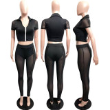 Mesh stitching short-sleeved sexy two-piece suit