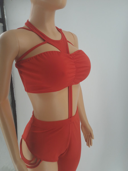 Solid color with the same chest wrap + personalized unilateral trousers two-piece suit