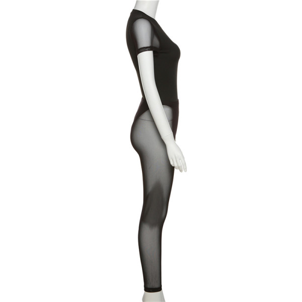 Women's Solid Color Slim Fit Short Sleeve One Piece High Waist Mesh Sheer Pants Set