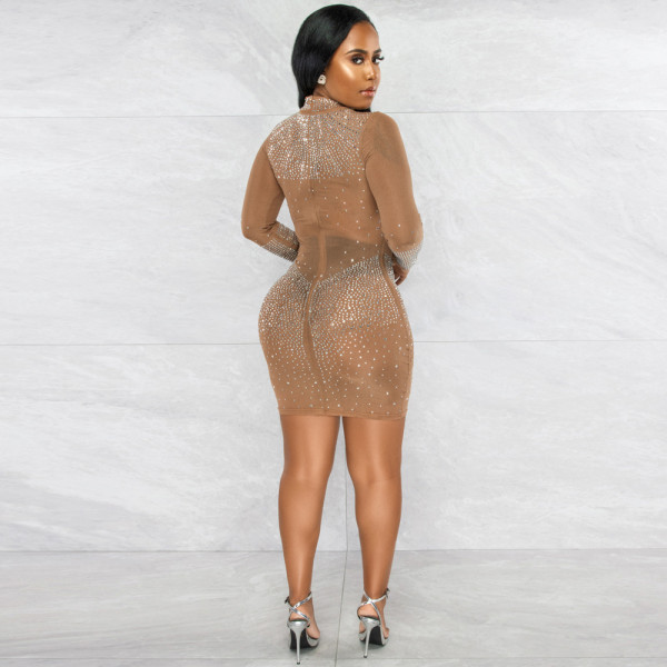 Sexy long-sleeved see-through hot drill bag hip slimming dress without panties