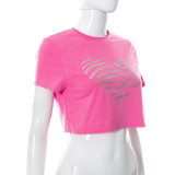 Heart Print Round Neck Cropped Navel Short Sleeve T-Shirt Top