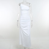 One Shoulder Gathered Long Dress Fashion Irregular Backless Slit Dress Women