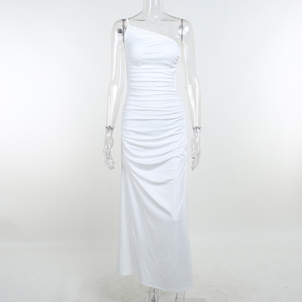 One Shoulder Gathered Long Dress Fashion Irregular Backless Slit Dress Women