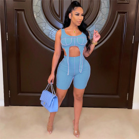 Fashion reverse design vest top high waist bag hip shorts suit women