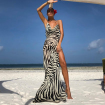 Sexy personality zebra print long dress temperament slit open back suspender dress Sexy personality zebra print long dress temperament slit open back suspender dress