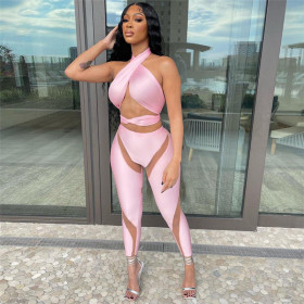 Women's Sexy Sleeveless Halter Body Piece Spliced Mesh Trousers Suit