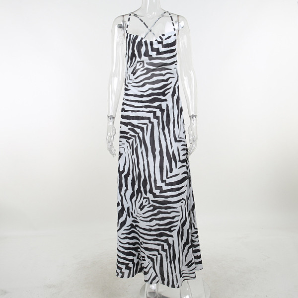 Sexy personality zebra print long dress temperament slit open back suspender dress