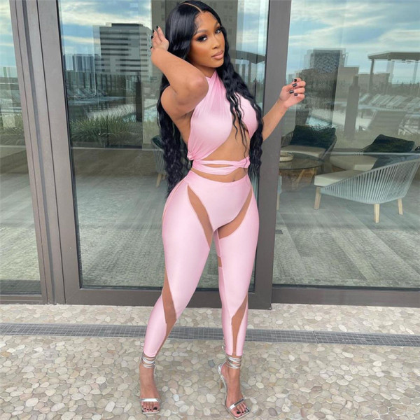 Women's Sexy Sleeveless Halter Body Piece Spliced Mesh Trousers Suit