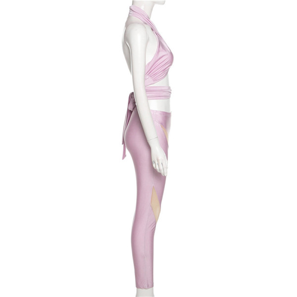 Women's Sexy Sleeveless Halter Body Piece Spliced Mesh Trousers Suit