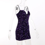 Suede sequins deep V low-cut skirt Temperament evening party elegant suspender dress