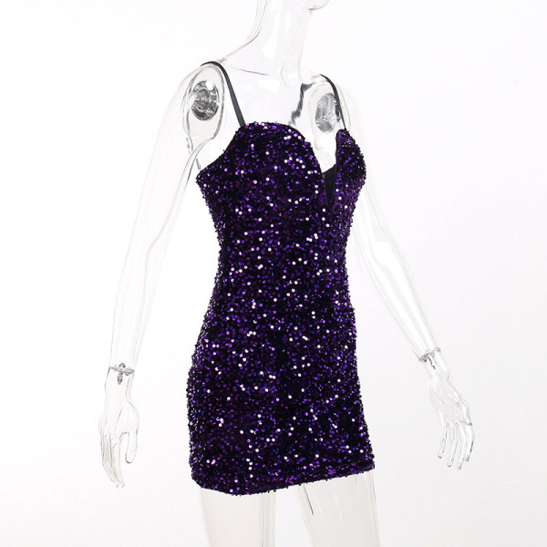 Suede sequins deep V low-cut skirt Temperament evening party elegant suspender dress