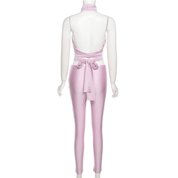 Women's Sexy Sleeveless Halter Body Piece Spliced Mesh Trousers Suit