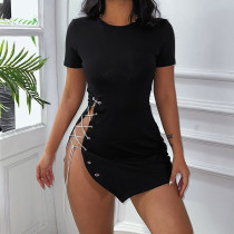 Side Tie Hollow Out Short Sleeve Dress Celebrity Style Slim Fit Hip Dress Side Tie Hollow Out Short Sleeve Dress Celebrity Style Slim Fit Hip Dress