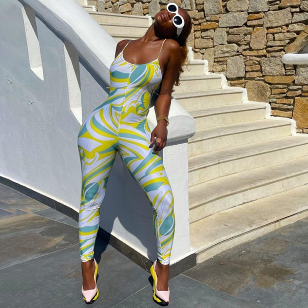 Women's Fashion Printed Backless Sling High Waist Bodysuit