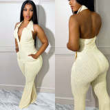 Shirt Collar Open Back Solid Flared Jumpsuit