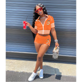 Digital Embroidered Suit Zip Short Sleeve Jacket Shorts Solid Color Stretch Two Piece