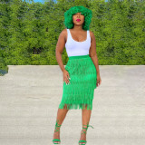 Solid Color Pack Hip Fringe Knee-Length Skirt Slim Skirt