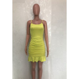 Sexy suspender solid color dress with open back wind chimes and ruffles