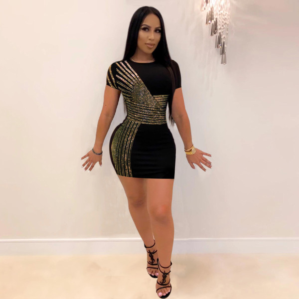 Round neck package hip short sleeve hot drill dress nightclub dress