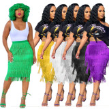 Solid Color Pack Hip Fringe Knee-Length Skirt Slim Skirt