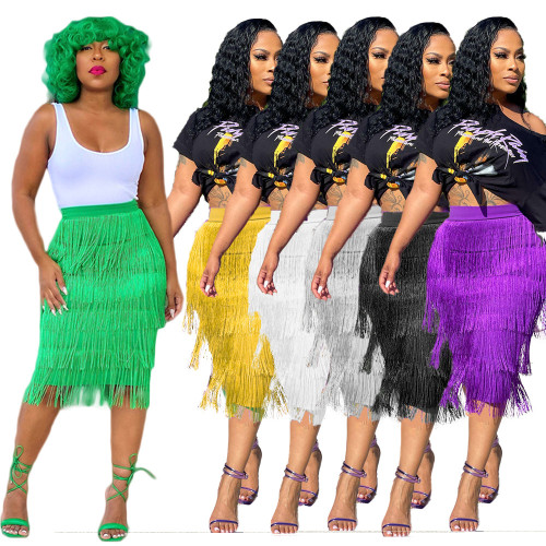 Solid Color Pack Hip Fringe Knee-Length Skirt Slim Skirt