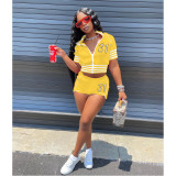 Digital Embroidered Suit Zip Short Sleeve Jacket Shorts Solid Color Stretch Two Piece