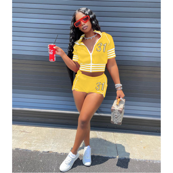 Digital Embroidered Suit Zip Short Sleeve Jacket Shorts Solid Color Stretch Two Piece