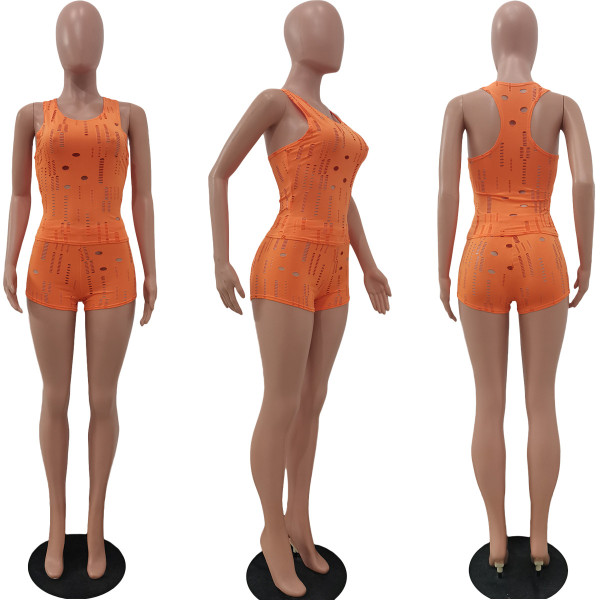 Ladies Fashion Casual Knitted Hole Sleeveless Tank Top 8 Colors Two Piece Set