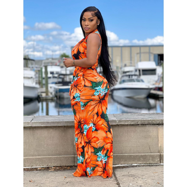 Fashionable Tie Dye Floral Print Sexy Deep V Neck Sleeveless Dress