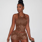Ladies Fashion Casual Knitted Hole Sleeveless Tank Top 8 Colors Two Piece Set