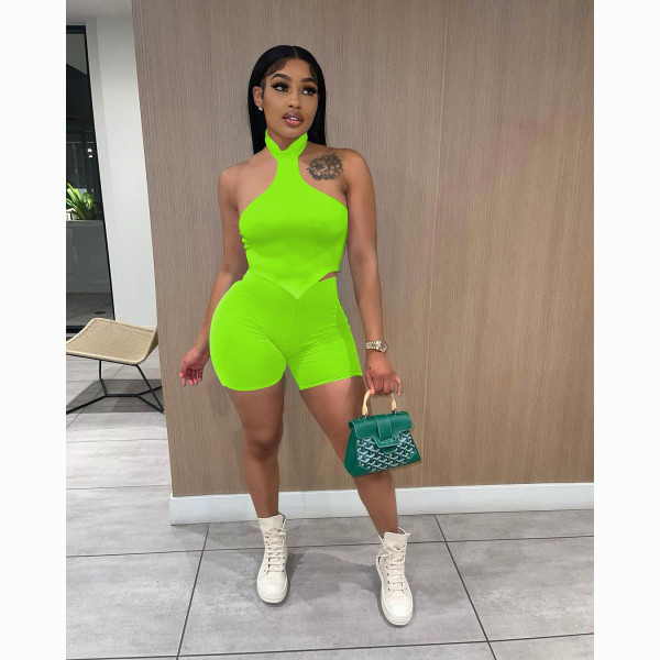 Halter neck open back short-sleeved shorts suit nightclub style women's two-piece suit