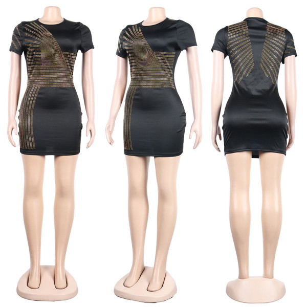 Round neck package hip short sleeve hot drill dress nightclub dress