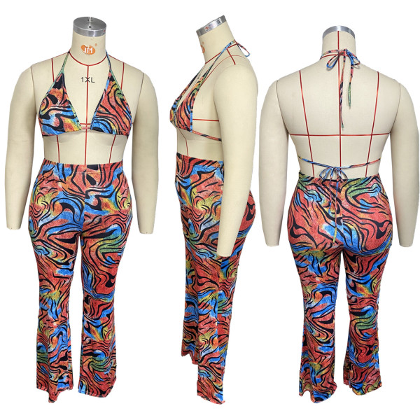 Print Bikini Beach Trousers Two-Piece Set
