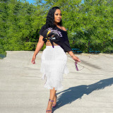 Solid Color Pack Hip Fringe Knee-Length Skirt Slim Skirt