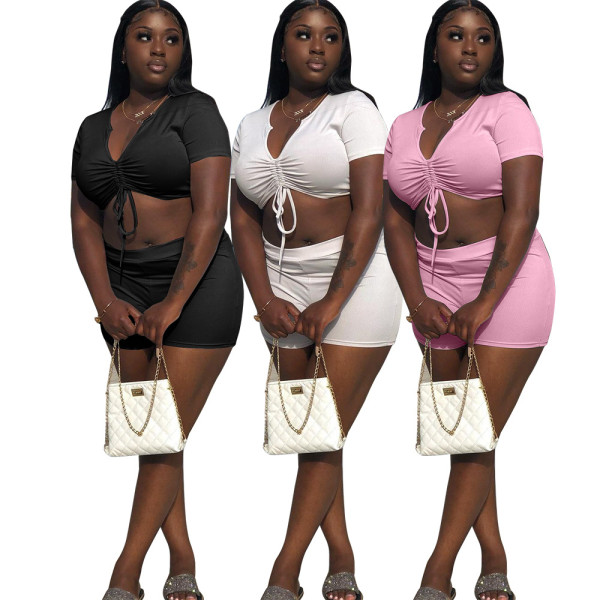 Sexy solid color deep V lace suit two-piece suit