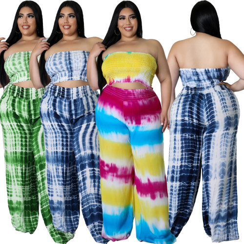 Plus Size Women's Clothing Print Positioning Print Chest Wrap Straight Pants Two Piece Suits