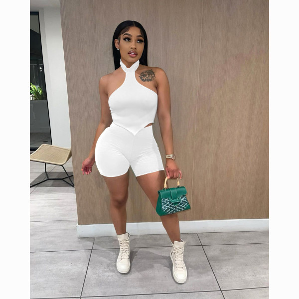 Halter neck open back short-sleeved shorts suit nightclub style women's two-piece suit