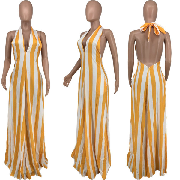 Ladies Fashion Sexy Striped Halter Strap Backless Ladies Dress