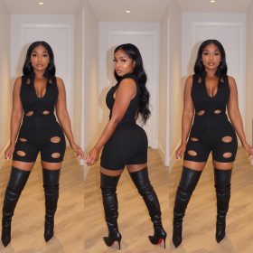 Sexy solid color ripped jumpsuit