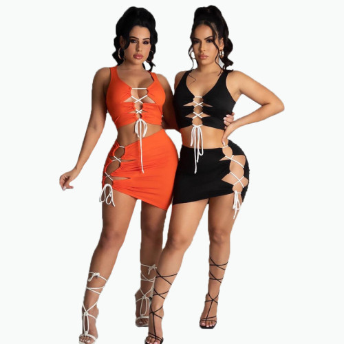 Sexy Solid Color Strap Hollow Out Two-Piece Plus Size Women's Clothes