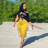 Solid Color Pack Hip Fringe Knee-Length Skirt Slim Skirt