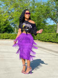 Solid Color Pack Hip Fringe Knee-Length Skirt Slim Skirt