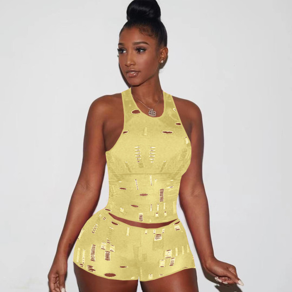 Ladies Fashion Casual Knitted Hole Sleeveless Tank Top 8 Colors Two Piece Set