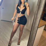 Sexy Solid Color Strap Hollow Out Two-Piece Plus Size Women's Clothes
