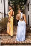 Ladies Fashion Sexy Striped Halter Strap Backless Ladies Dress