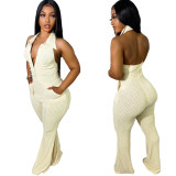 Shirt Collar Open Back Solid Flared Jumpsuit