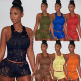 Ladies Fashion Casual Knitted Hole Sleeveless Tank Top 8 Colors Two Piece Set