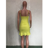 Sexy suspender solid color dress with open back wind chimes and ruffles