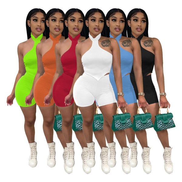 Halter neck open back short-sleeved shorts suit nightclub style women's two-piece suit