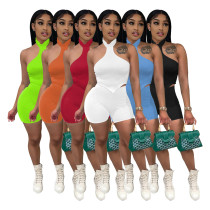 Halter neck open back short-sleeved shorts suit nightclub style women's two-piece suit Halter neck open back short-sleeved shorts suit nightclub style women's two-piece suit